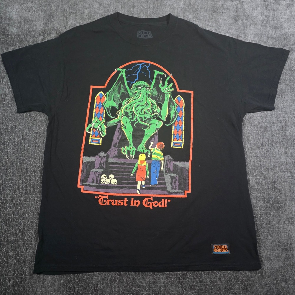 Steven Rhodes Trust in God Cthulhu Graphic T-Shirt Mens Large Black Cotton Tee